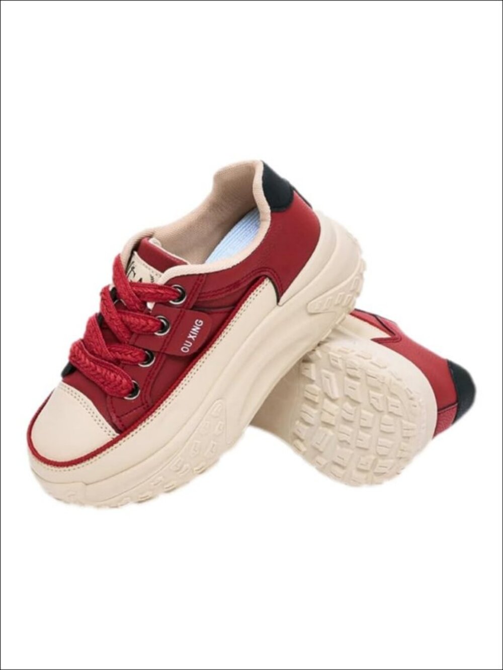 Faux Leather Platform Sneakers Lace Up Non Slip Athletic Running Shoes